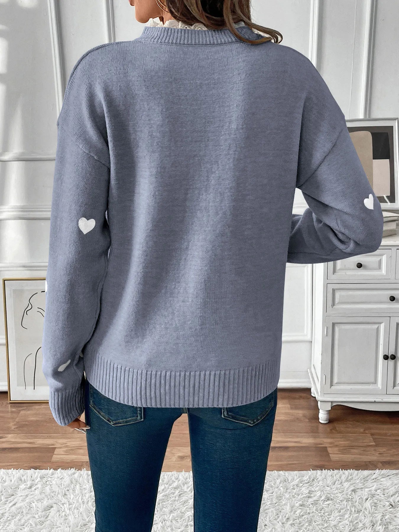 Heart V-Neck Long Sleeve Sweater - Fashorio