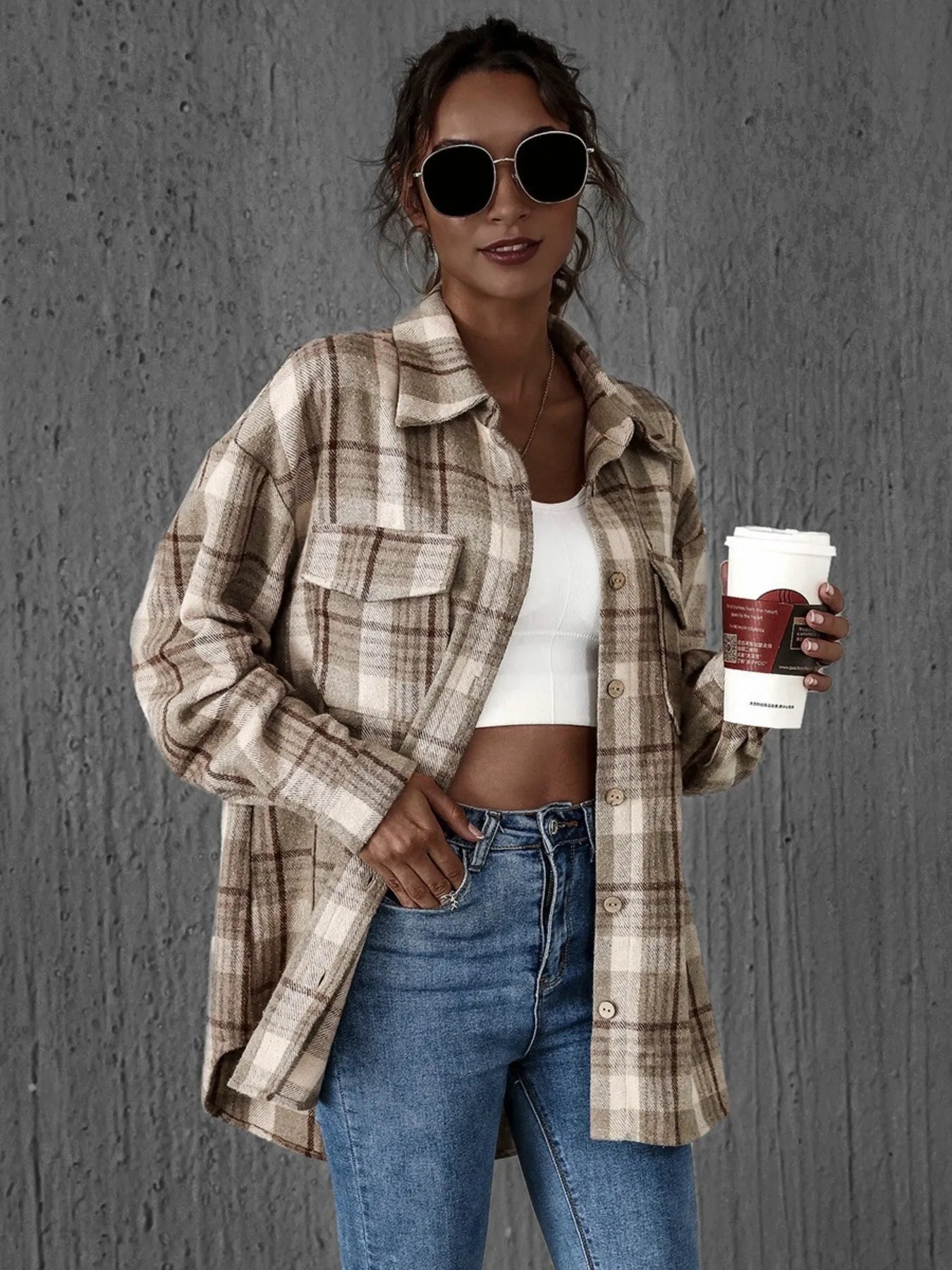Plaid Button-Up Long Sleeve Shirt Khaki - Fashorio