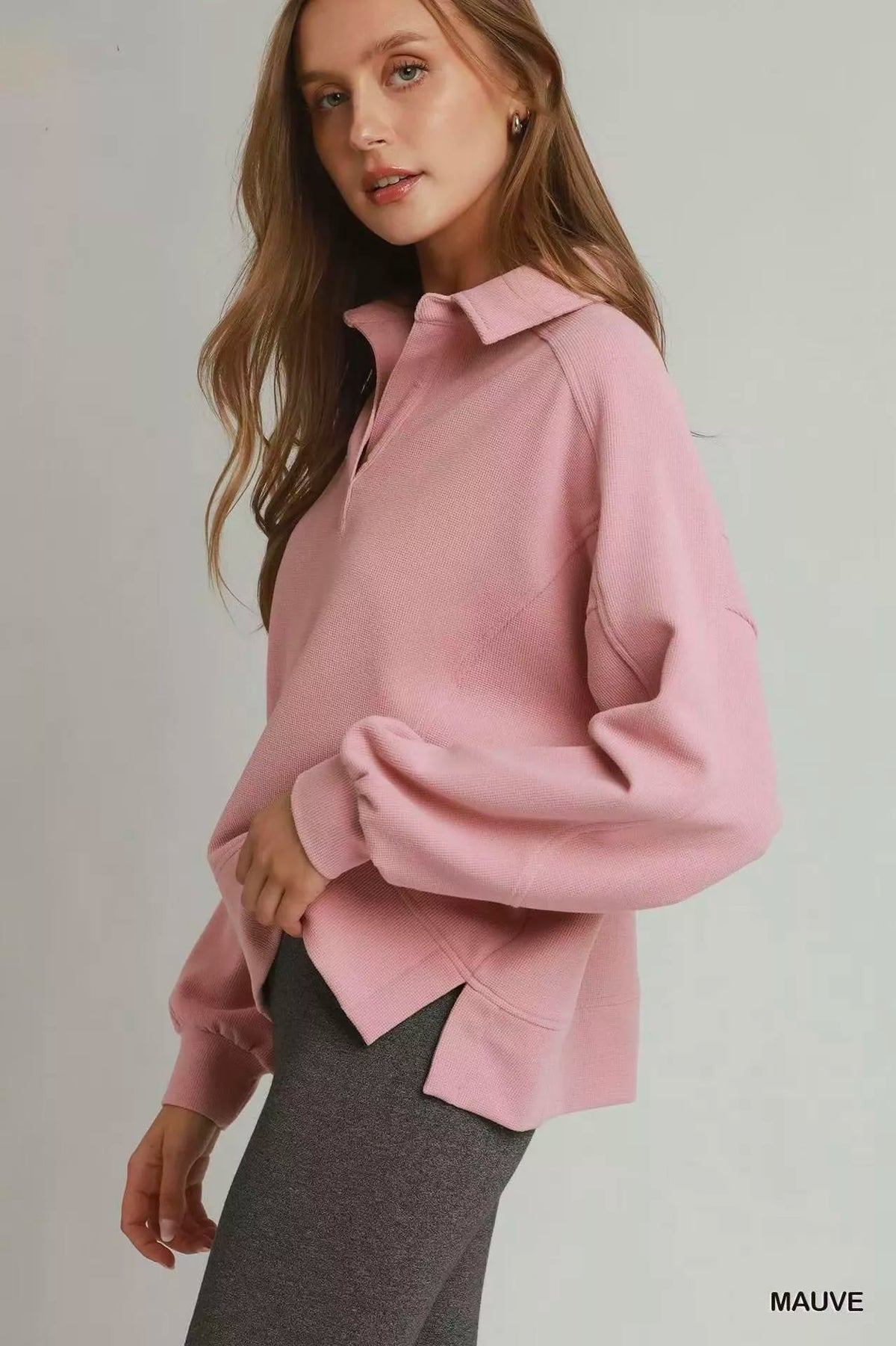 mauve brushed waffle polo pullover side view