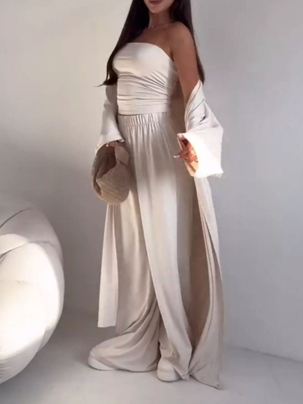Tube Top Cardigan and Wide Leg Pants 3 Piece Set, view 14