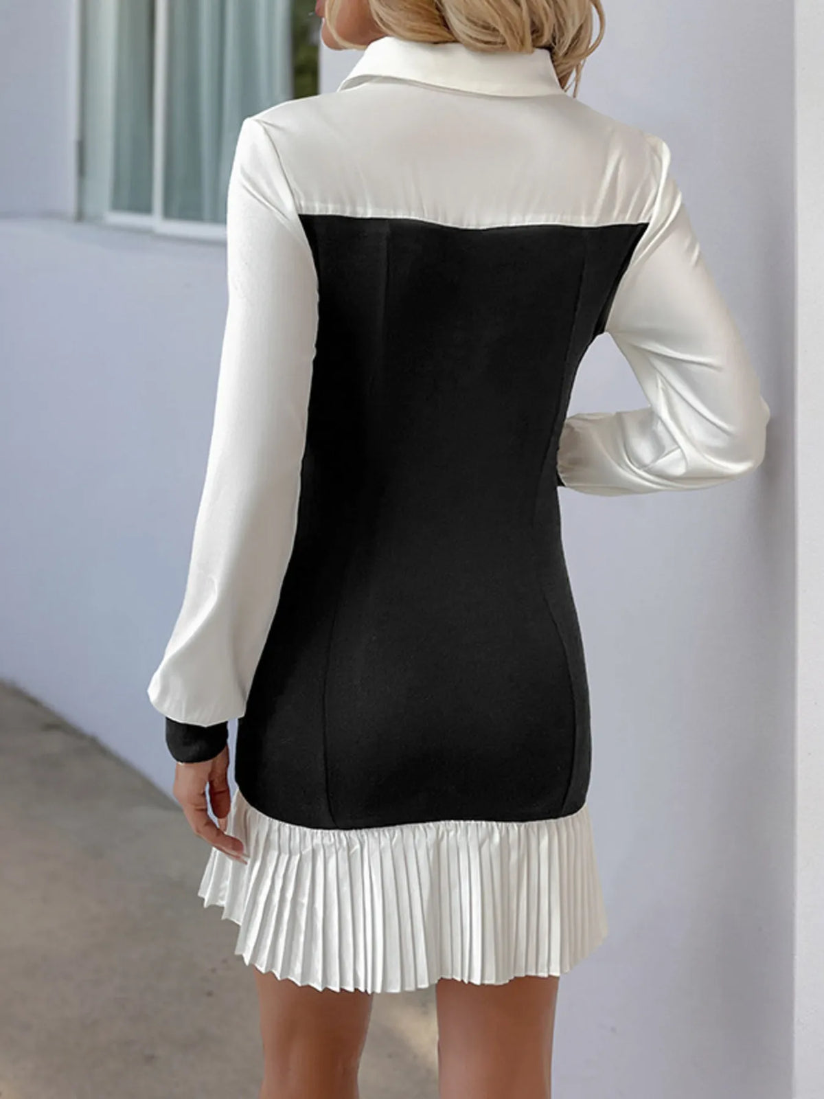Two Tone Pleated Long Sleeve Shirt Dress styled on model