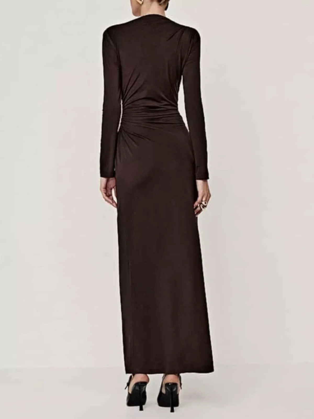 ruched long sleeve bodycon maxi dress draped detail