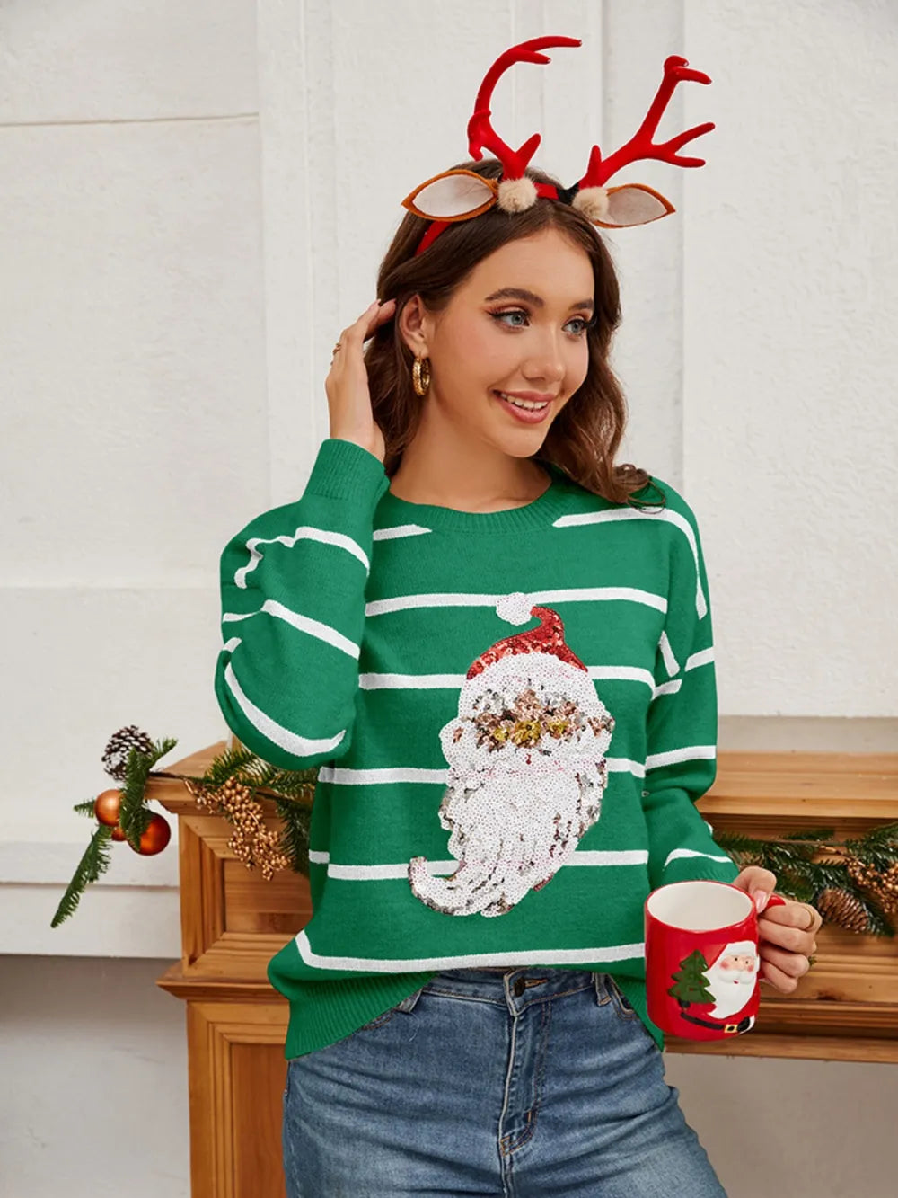 Sequin Santa Striped Round Neck Sweater side view