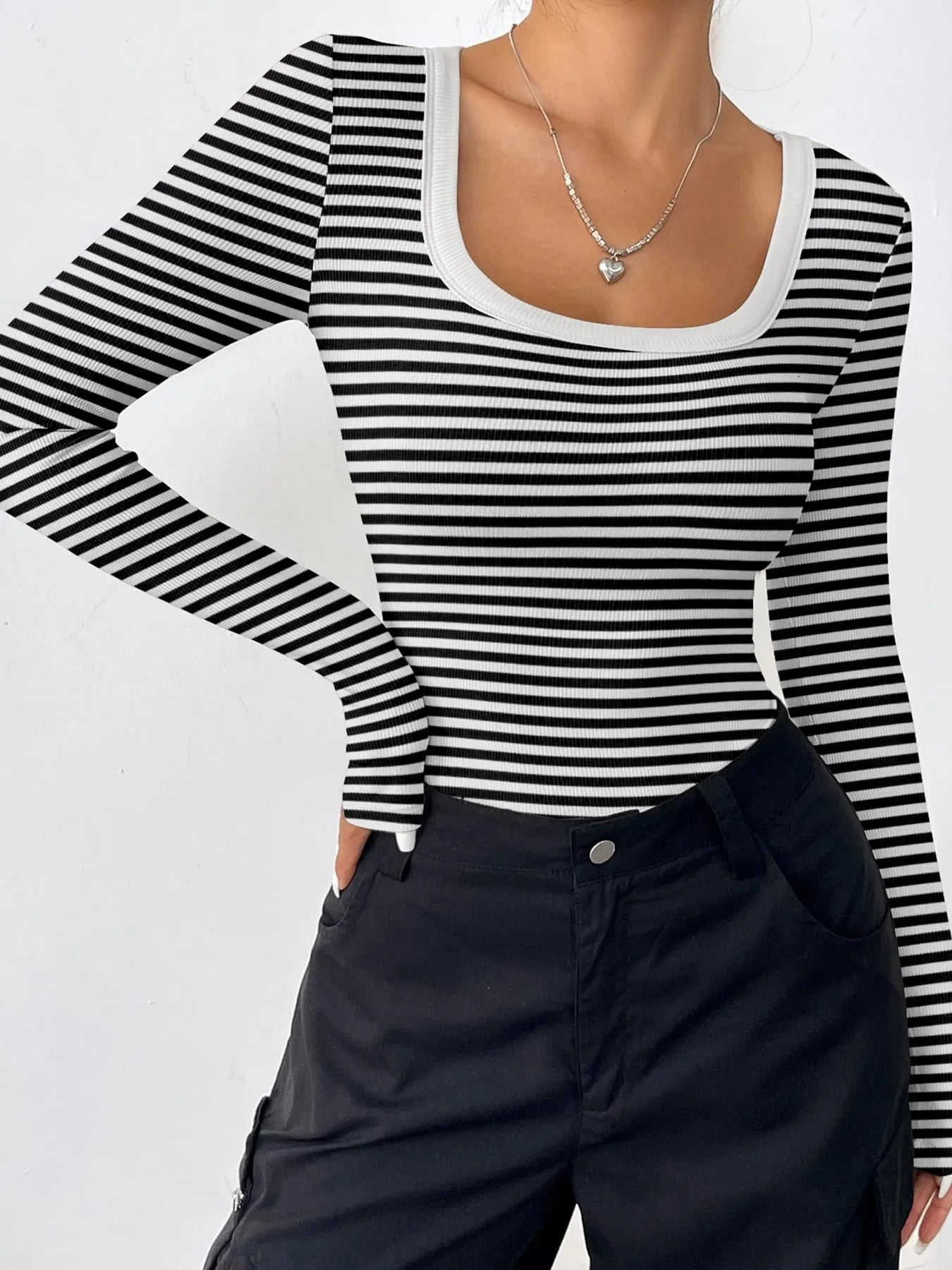 Striped Long Sleeve Scoop Neck T-Shirt - Fashorio