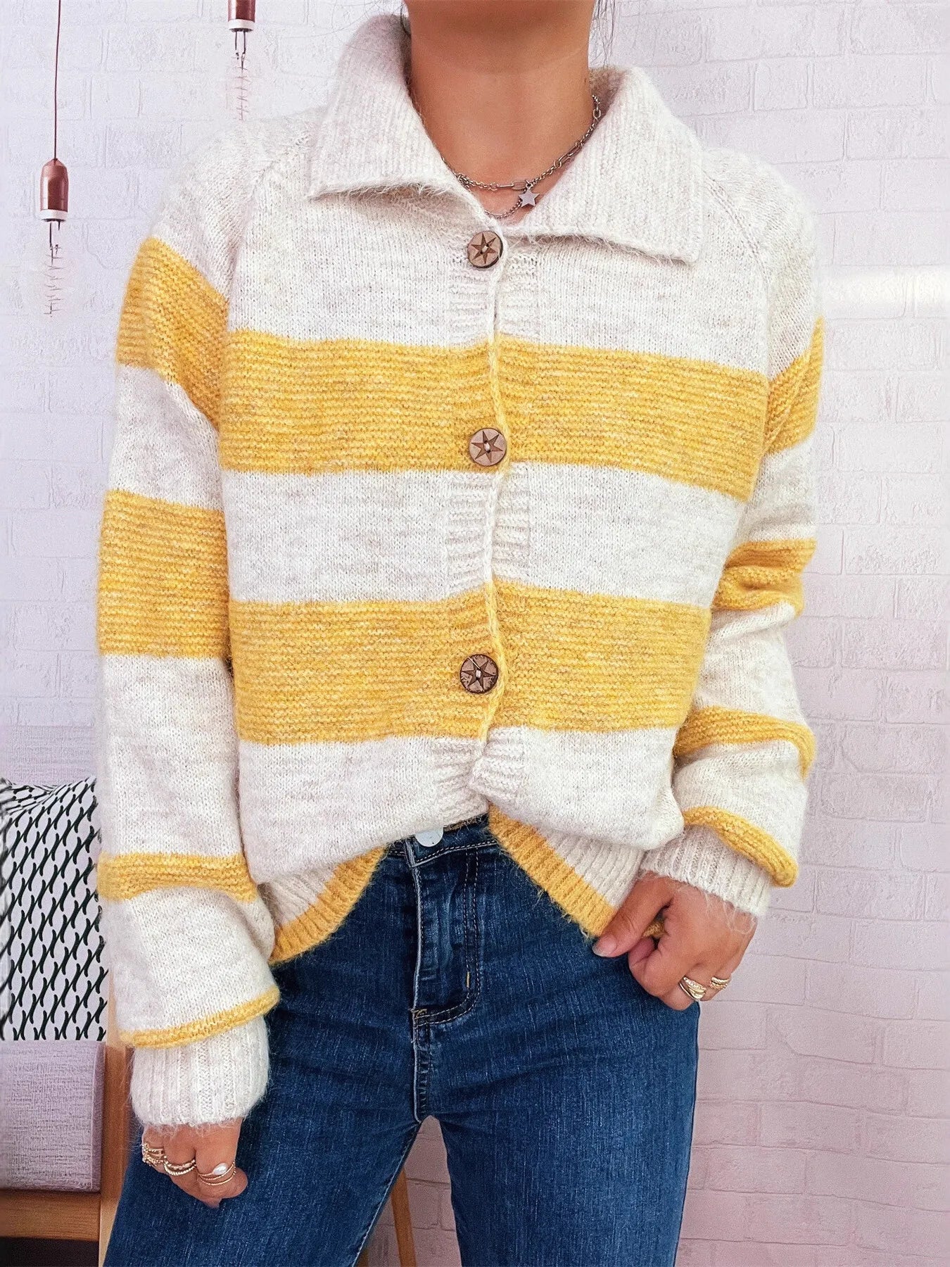 Striped Button-Up Cozy Cardigan - Fashorio