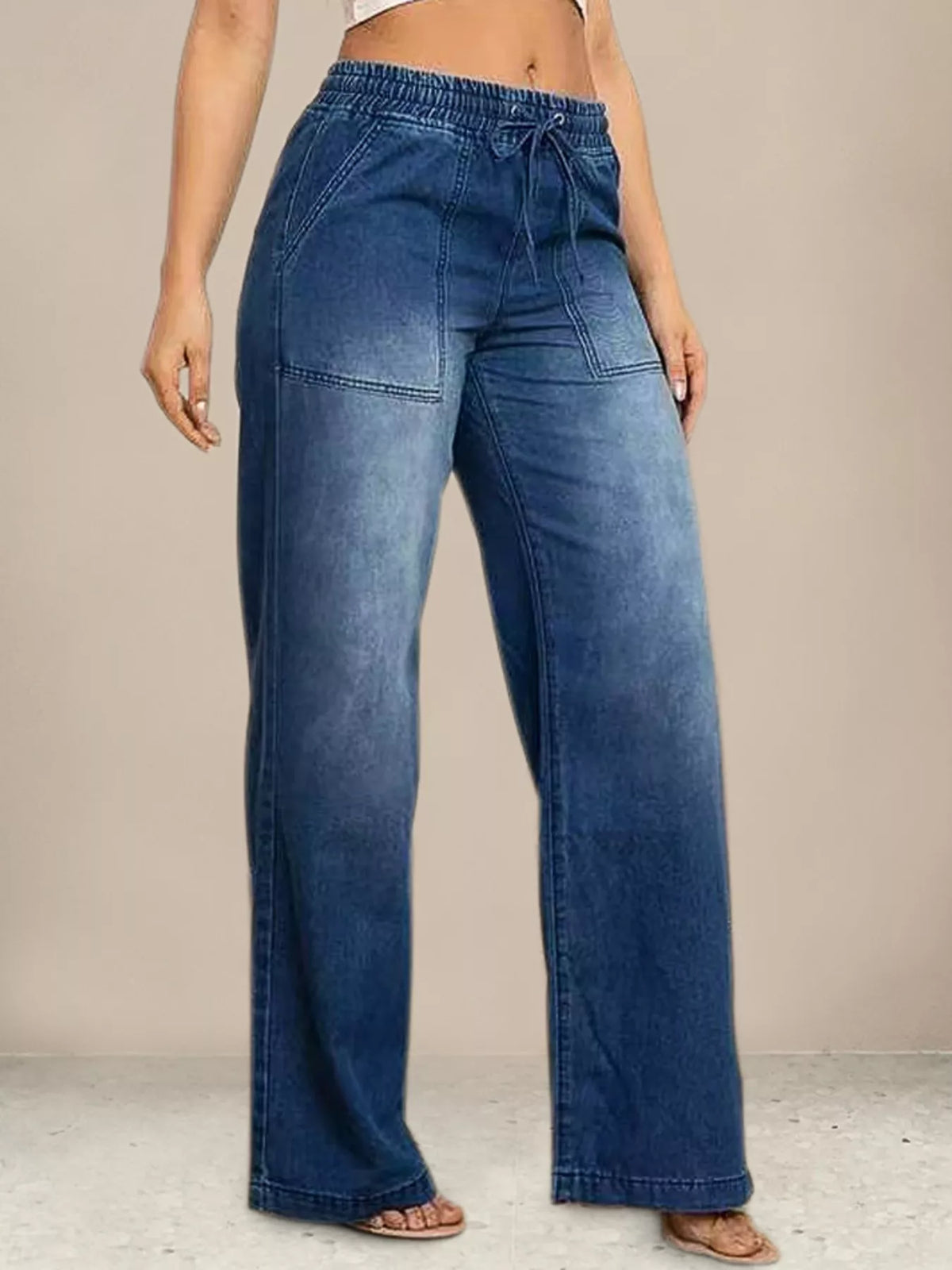 Blue wide leg denim side profile
