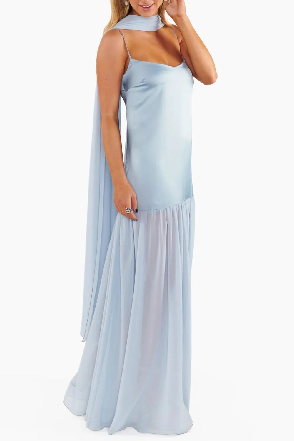 Adjustable strap maxi cami dress with matching scarf, detail of neckline