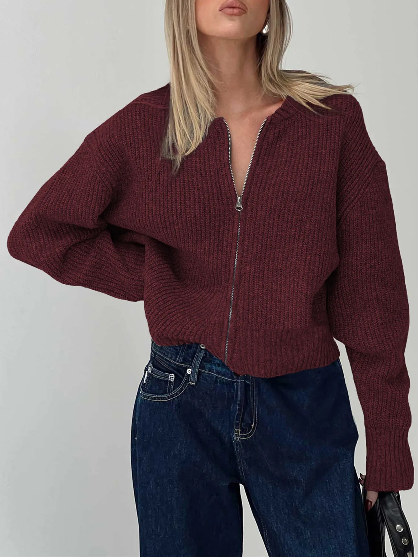 Zip Up Long Sleeve Cardigan Burgundy - Fashorio