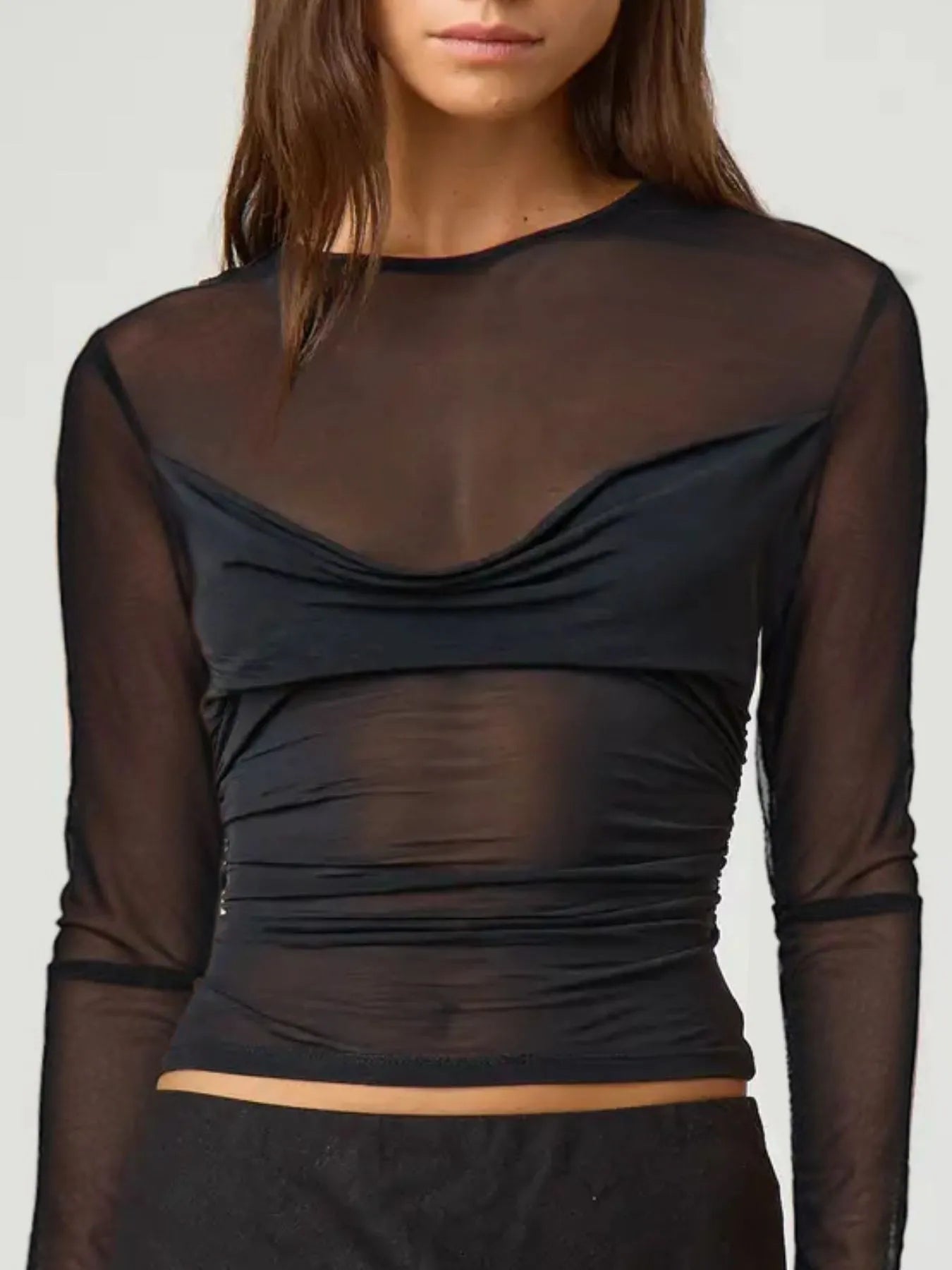 Ruched Mesh Long Sleeve Top - Fashorio