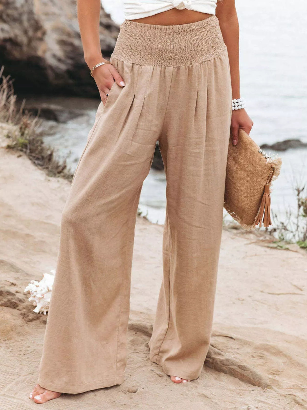 Smocked high waisted wide leg pants front view