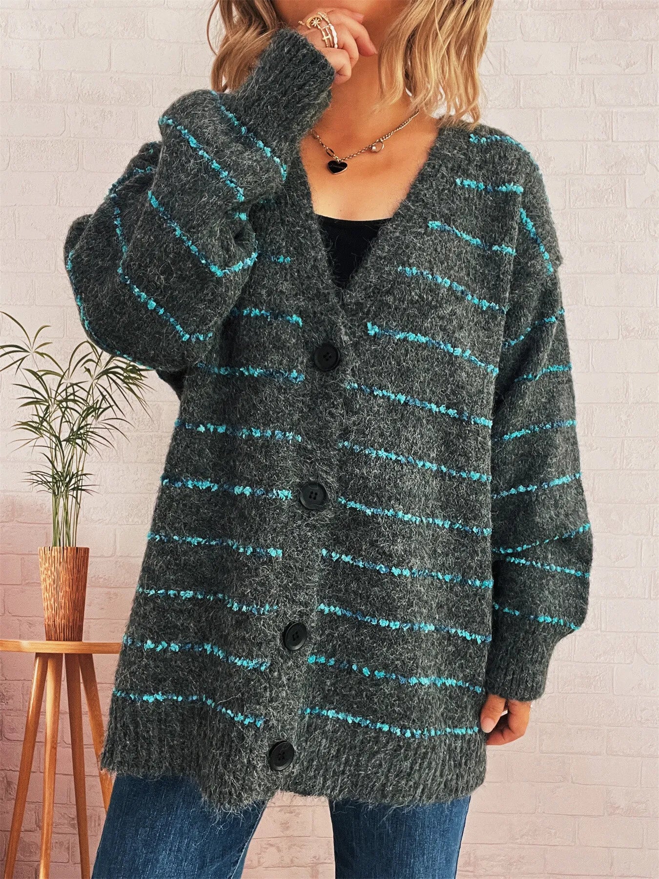 Striped Button-Up Cardigan with V-Neck Design - Fashorio