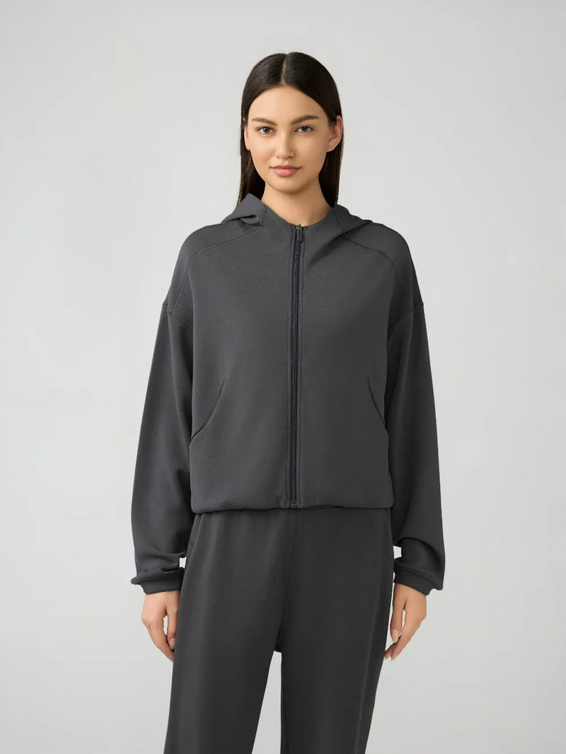 zip up dropped shoulder active hoodie front view