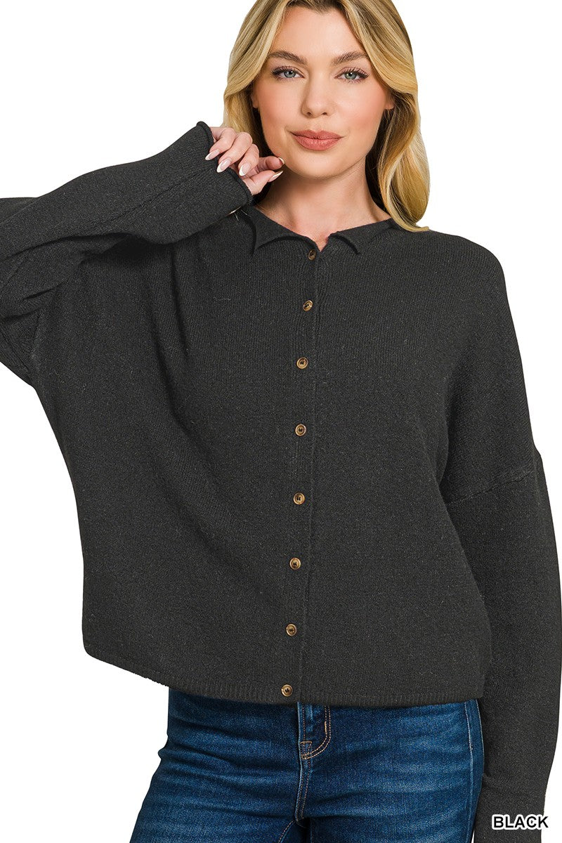 Black collared button down cardigan sweater front