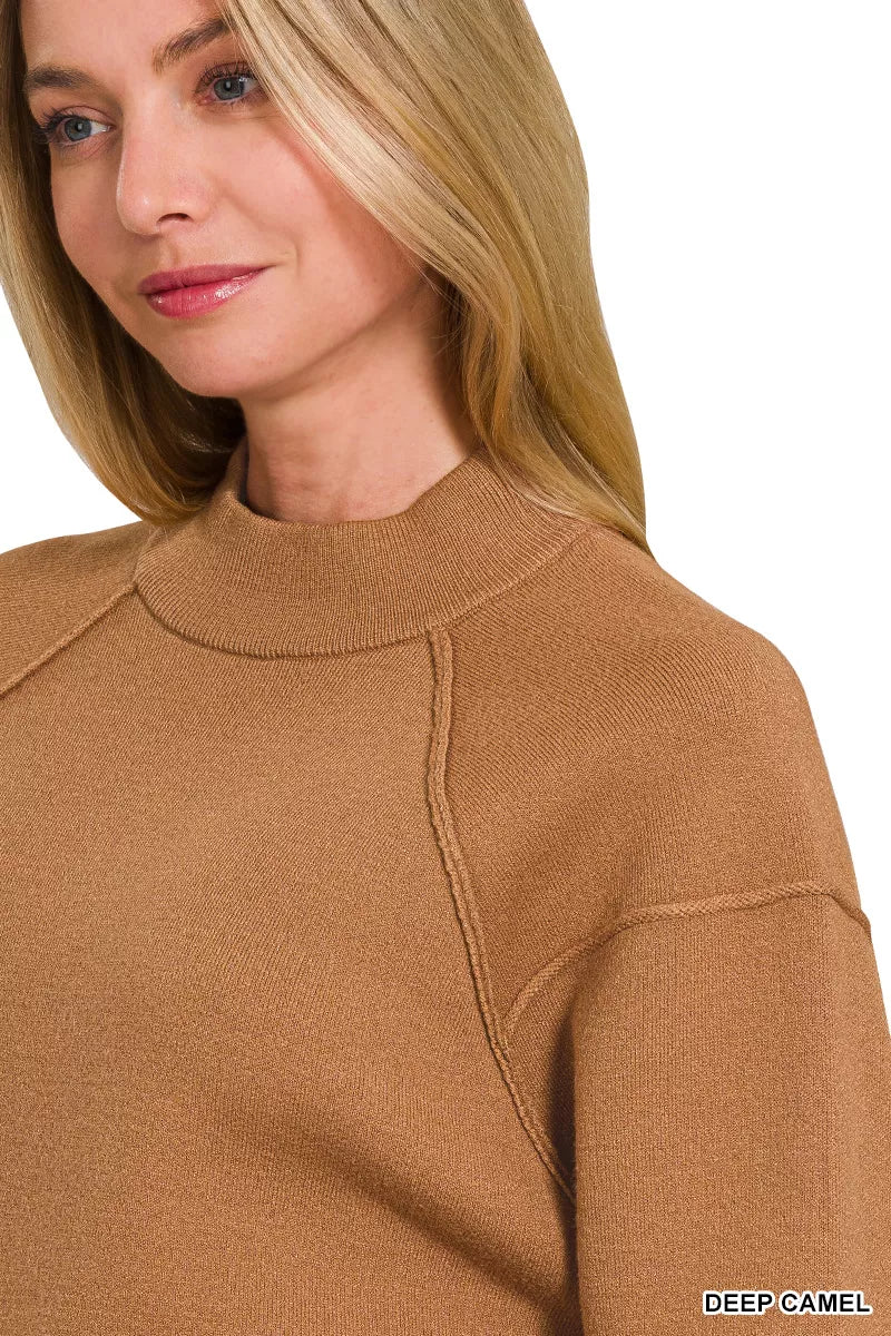 Viscose Mock Neck Exposed Seam Sweater in Camel side view