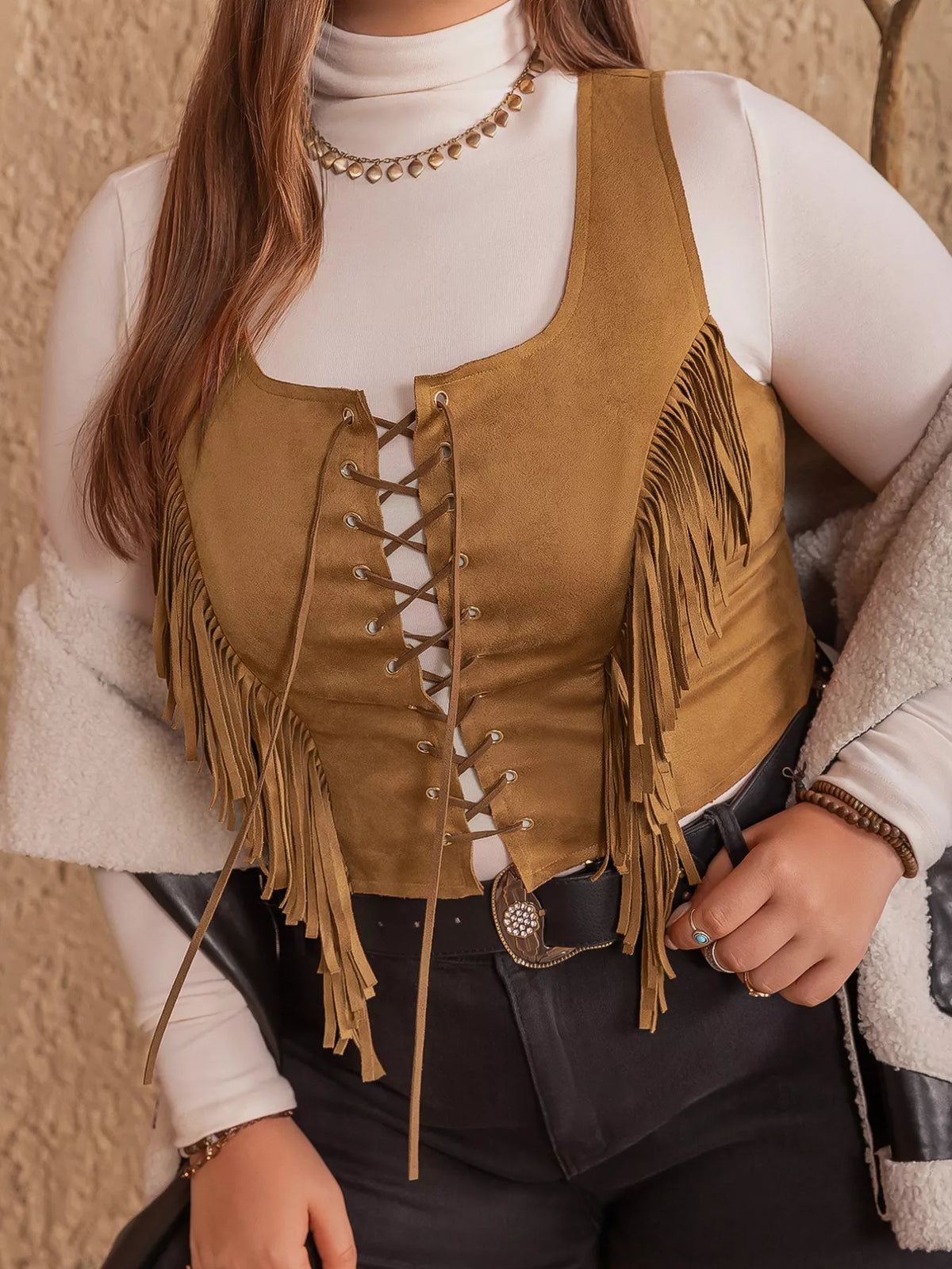 Fringed lace up suede vest front view