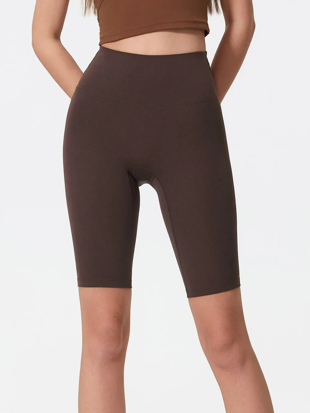 high rise wide waistband active shorts front view