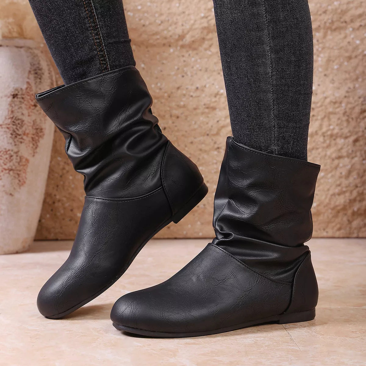 Flat Ankle Boots with Wrinkled Design front view