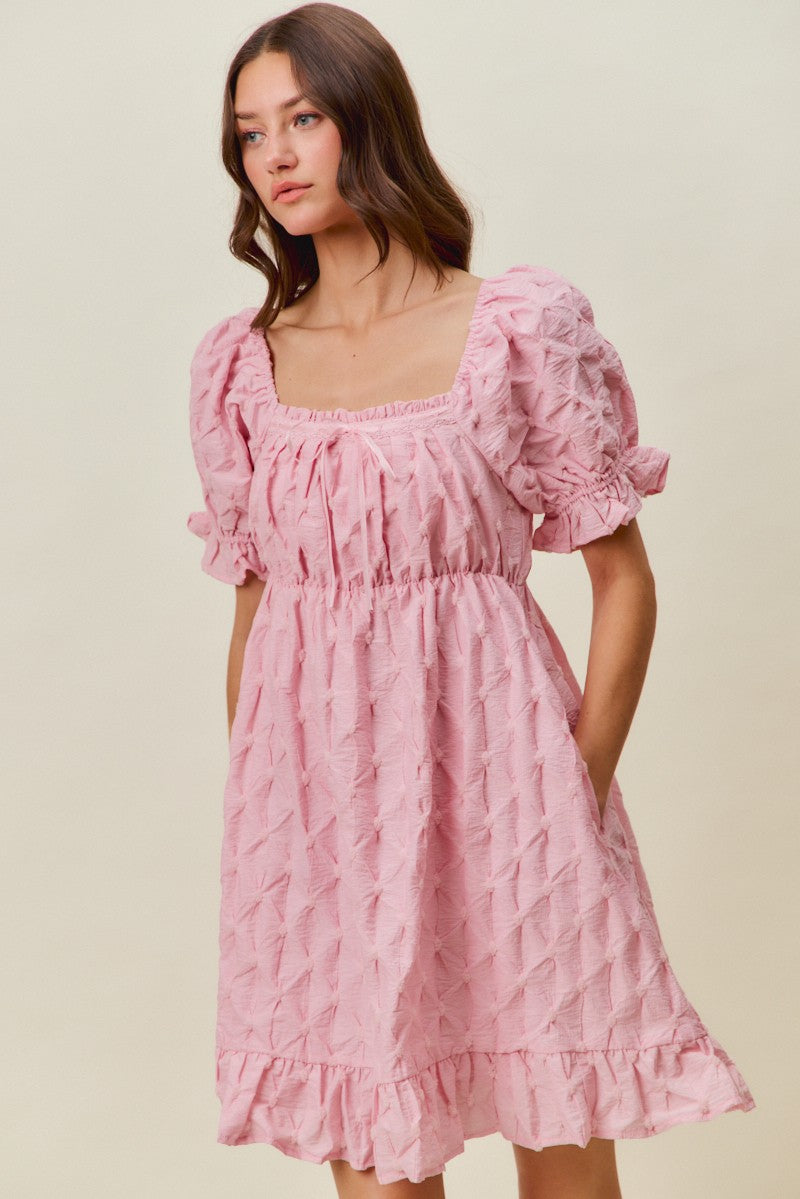 Textured Ruched Bust Mini Dress in Pink styled look