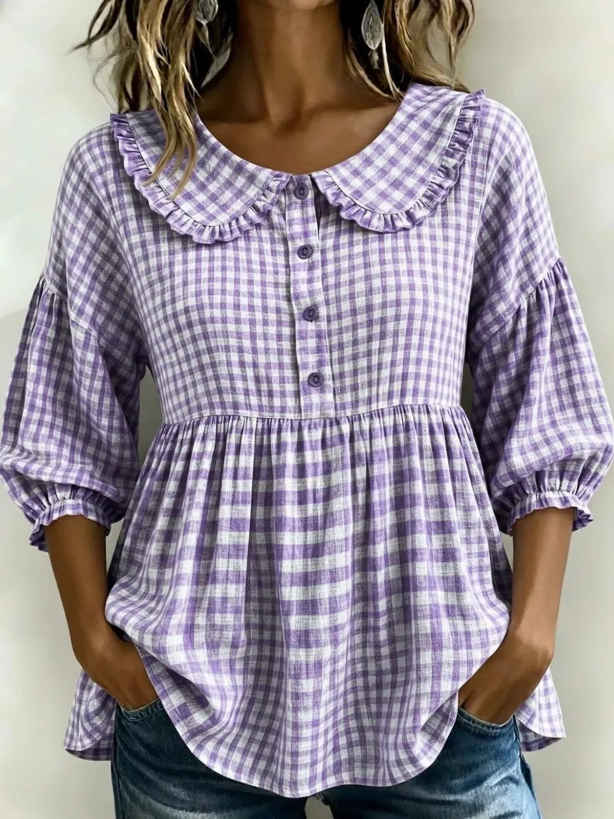 Purple gingham blouse front view