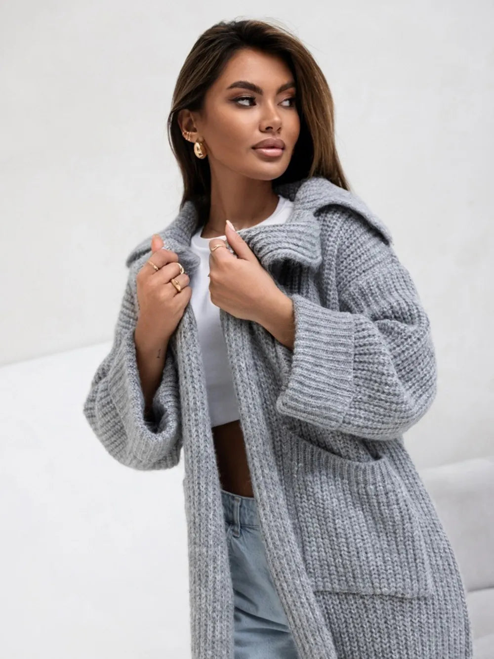 Pocketed Collared Neck Dropped Shoulder Cardigan - Fashorio
