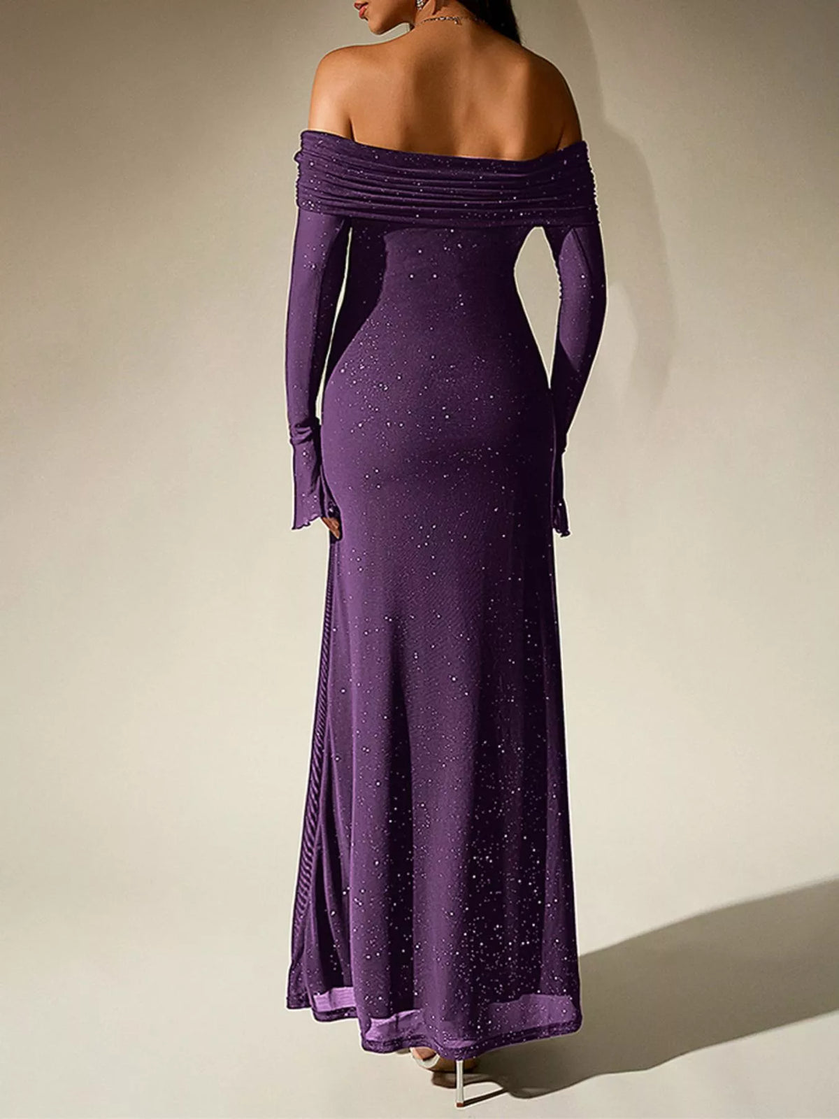 glitter off shoulder maxi dress detail shot