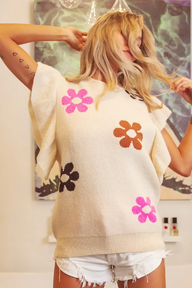 Floral Print Ruffled Sleeve Knit Top, view 9