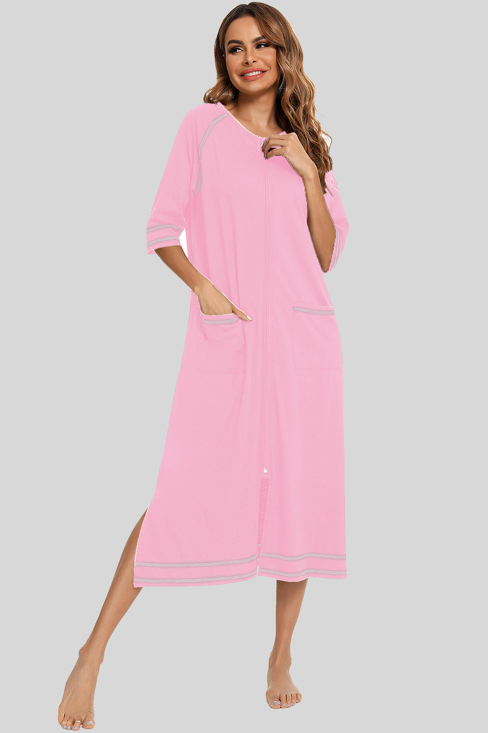 Zip Up Slit Round Neck Night Dress with Pockets Blush Pink - Fashorio