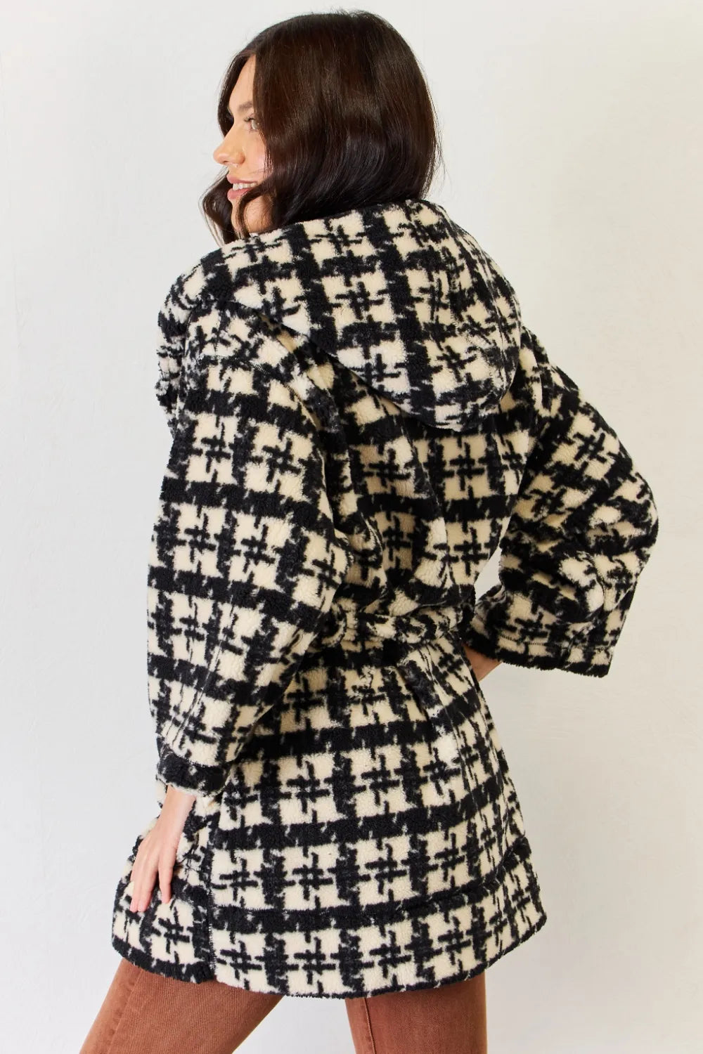 J.NNA Fuzzy Plaid Waist Tie Hooded Robe Cardigan - Fashorio