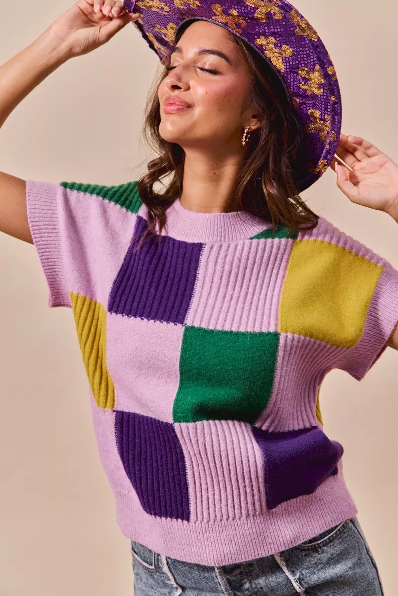 Check Plaid Casual Sweater Top in Lavender styled look