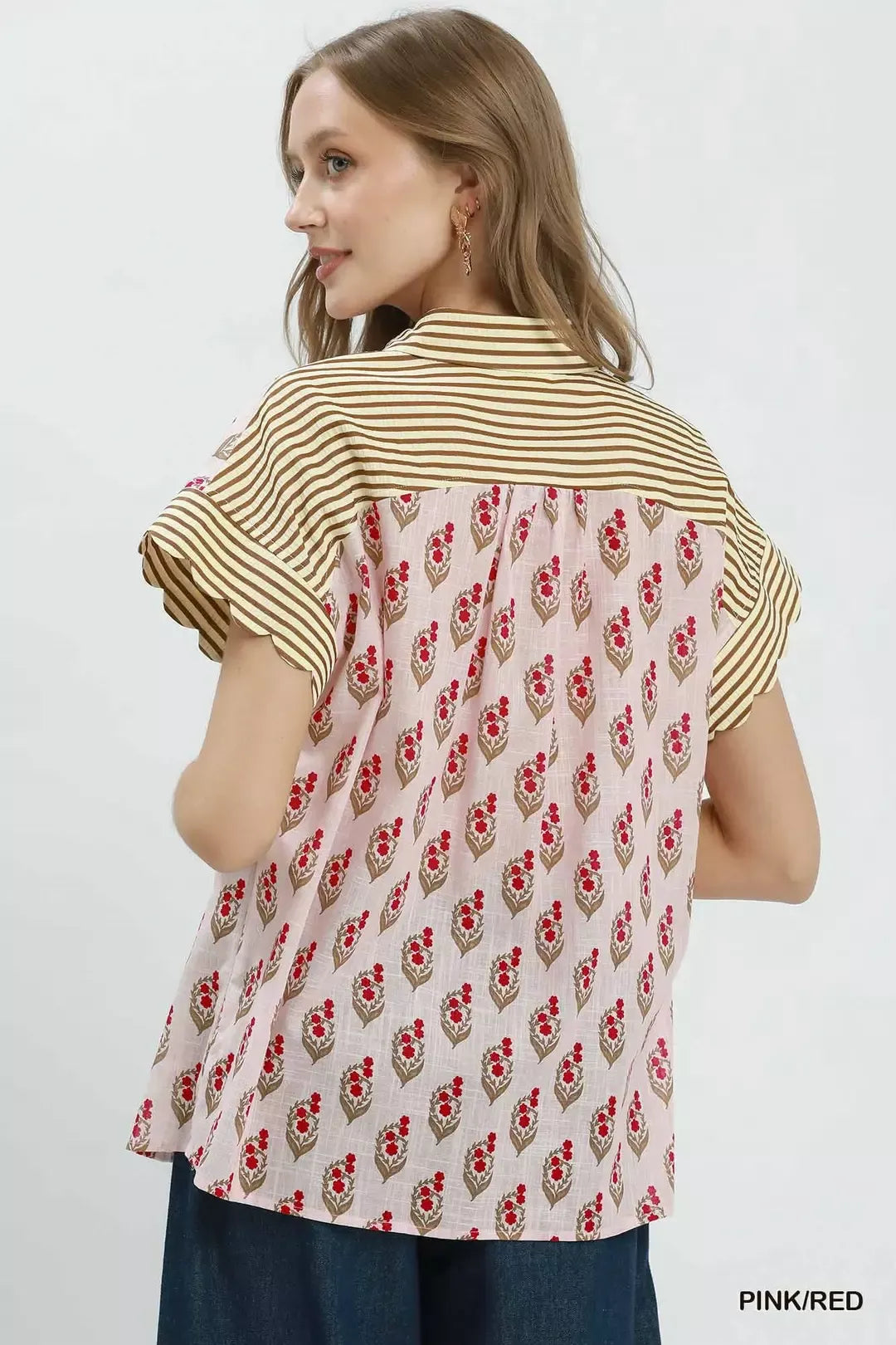 Floral button front shirt flutter sleeve detail