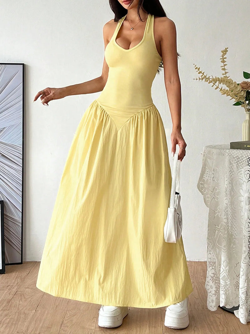 Light yellow halter neck maxi dress, front view