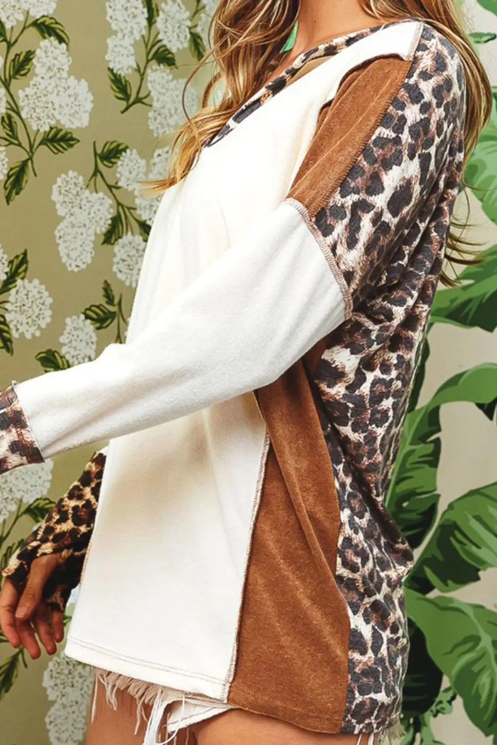 Leopard V-Neck Dropped Shoulder Blouse - Fashorio