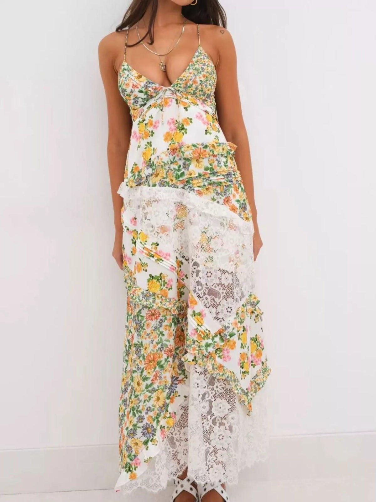 Lace detail ruffled floral v neck maxi dress, front view