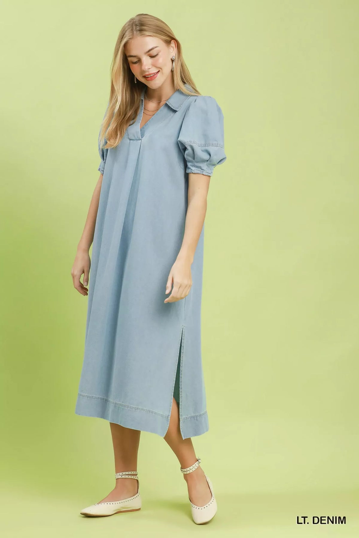 Light denim chambray dress back view