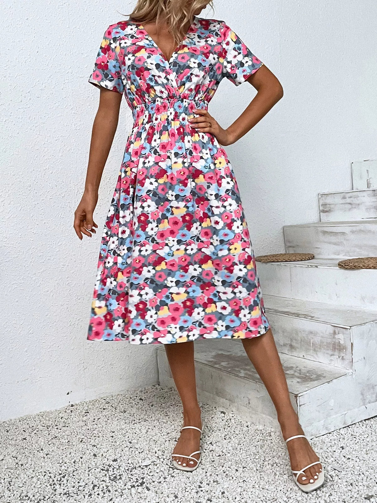 Printed short sleeve smocked midi dress full length view