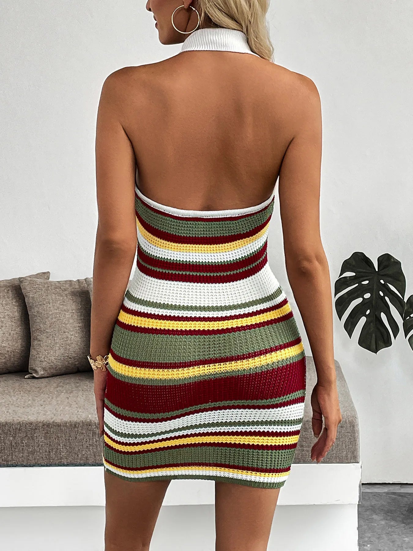 Multi-Color Striped Halter Neck Knit Sweater Dress - Fashorio