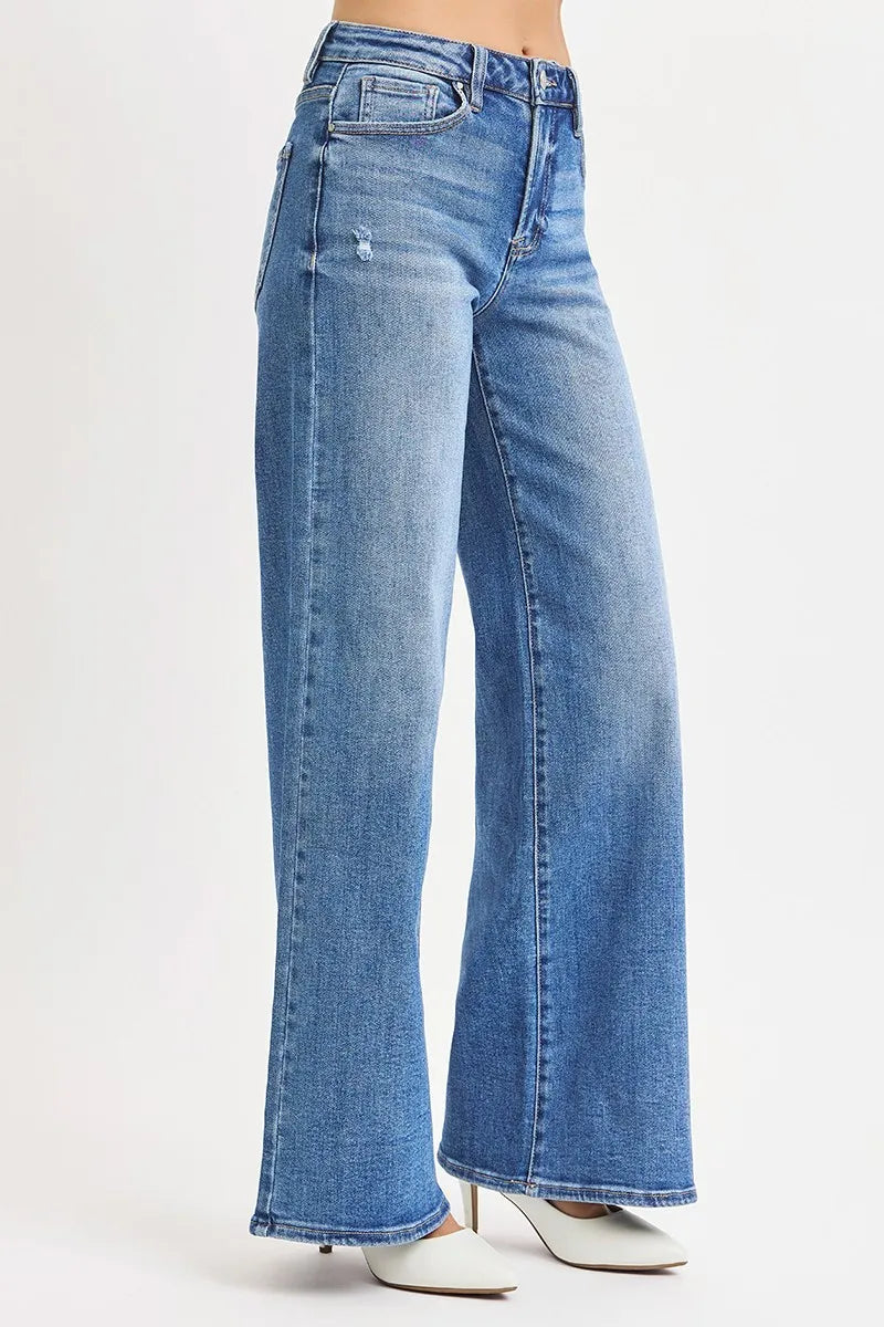 RISEN medium blue wide leg jeans back view
