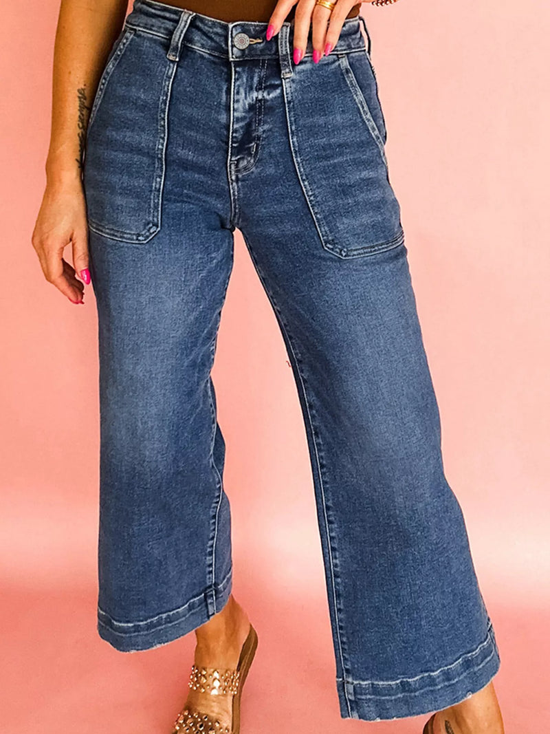 Cropped high rise wide leg jeans front view