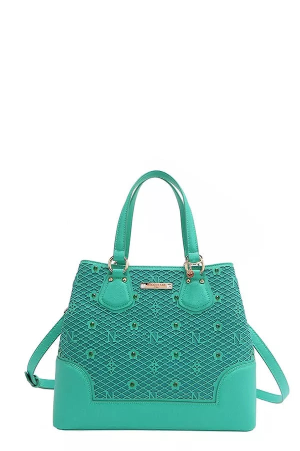 Monogram Pattern Handbag with Rhinestones Decor close up