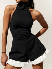 Halter Neck Ruffled Hem Romper Black - Fashorio