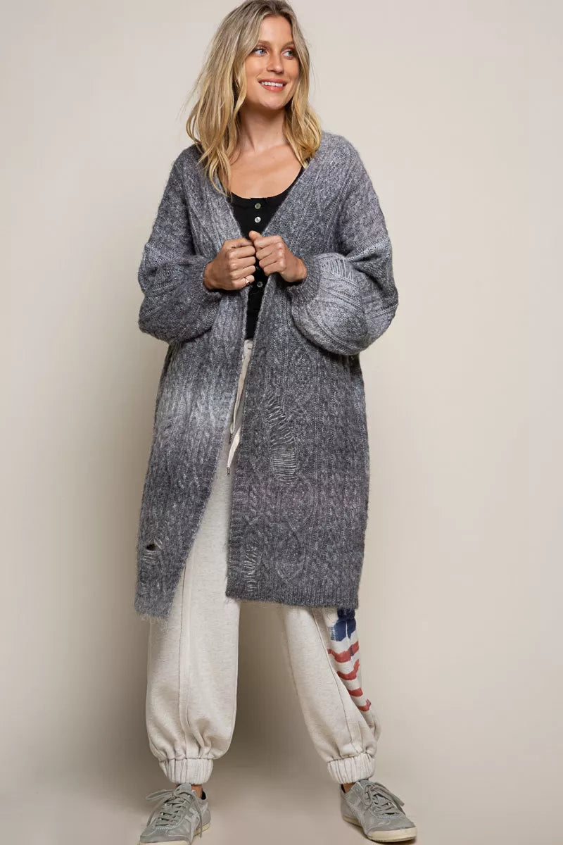 POL Distressed Cable-Knit Ombre Dying Cardigan - Fashorio