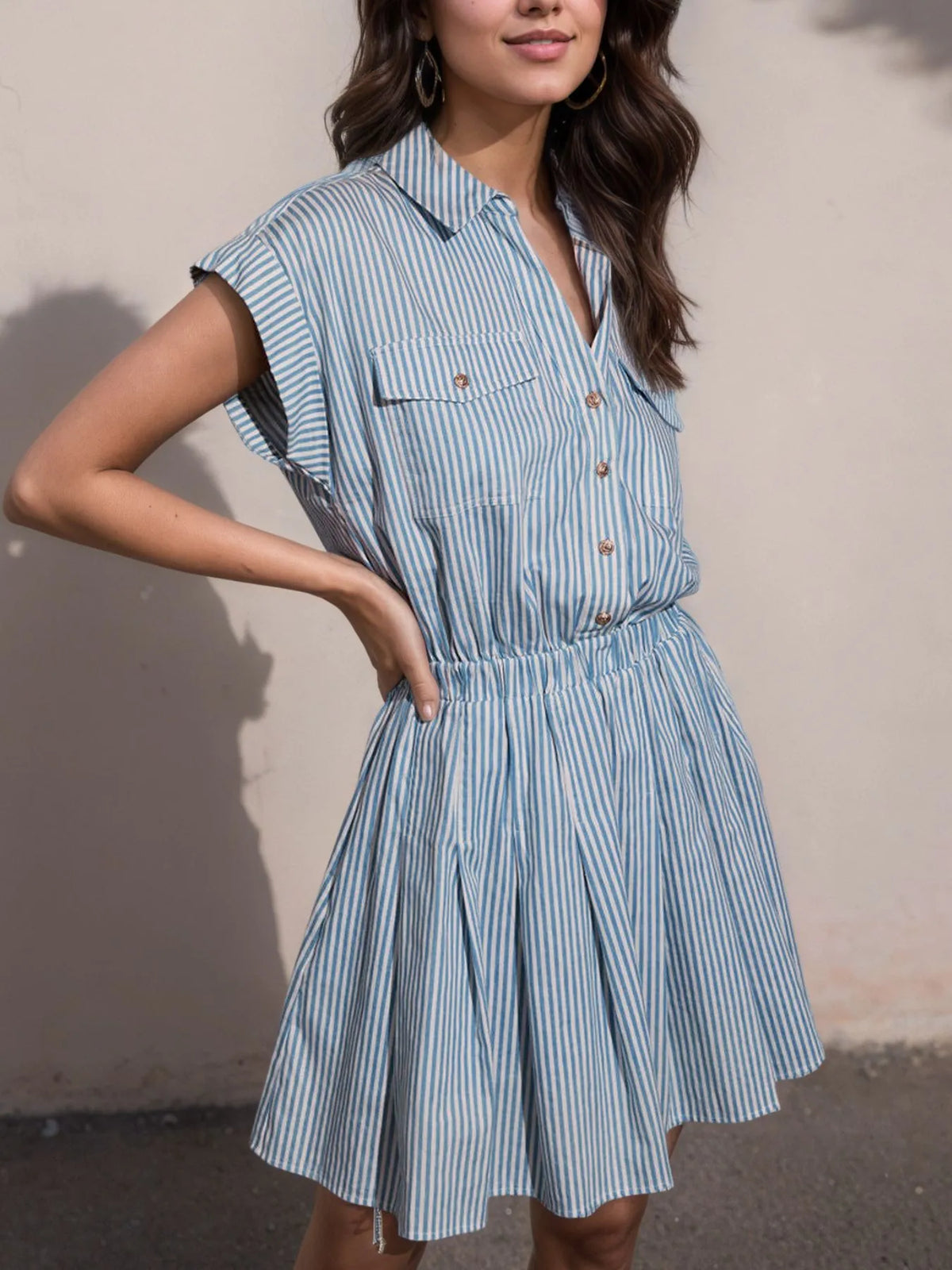 Striped mini shirt dress back view