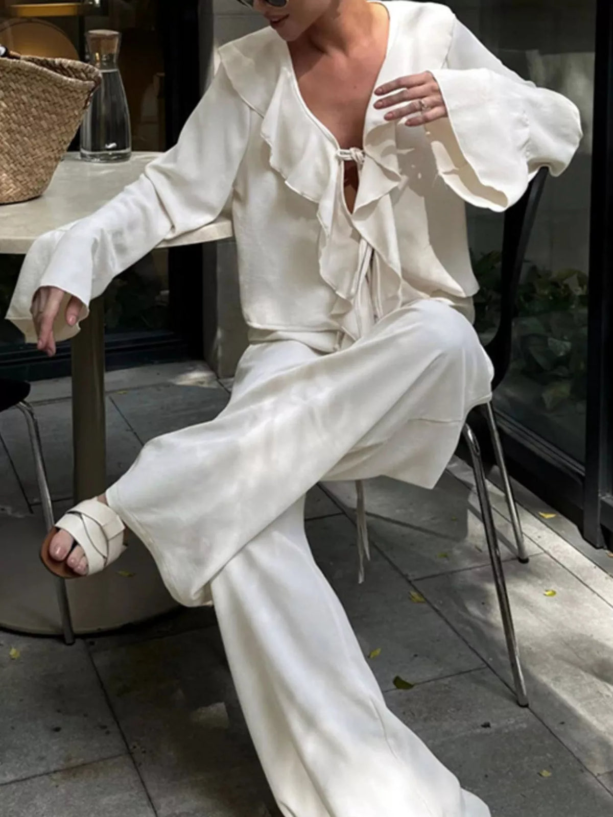 Ruffle Trim Tie Front Top and Pants Set, view 6
