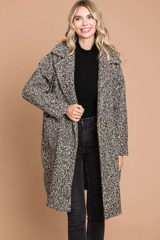 Culture Code Full Size Lapel Collar Double Breast Teddy Coat VANILLA C BK - Fashorio