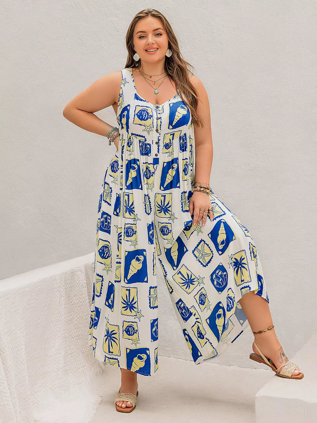 Blue nautical print jumpsuit full length