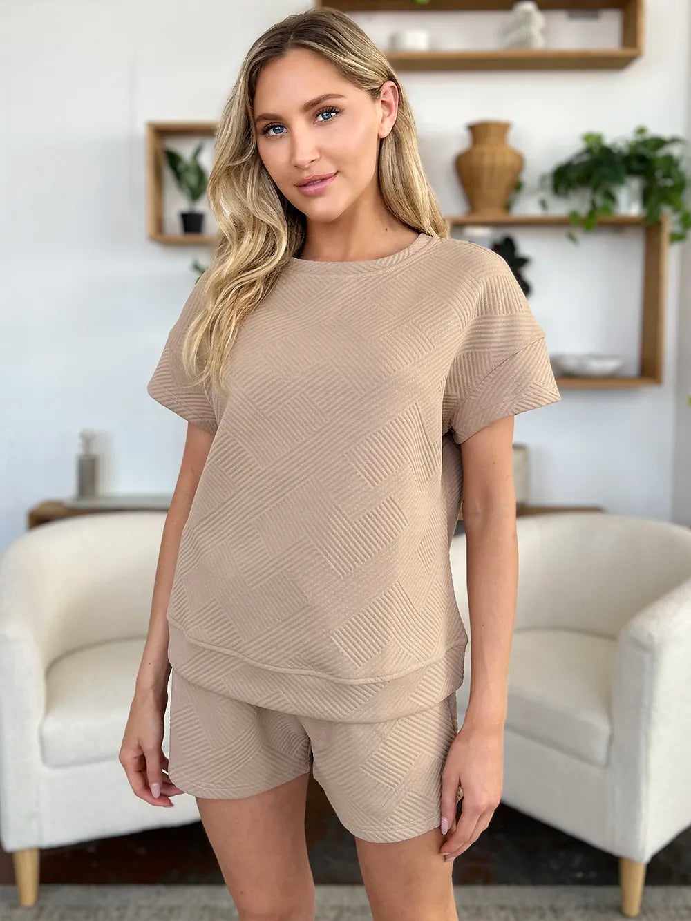 Double Take Full Size Texture Short Sleeve T-Shirt and Drawstring Shorts Set - Fashorio