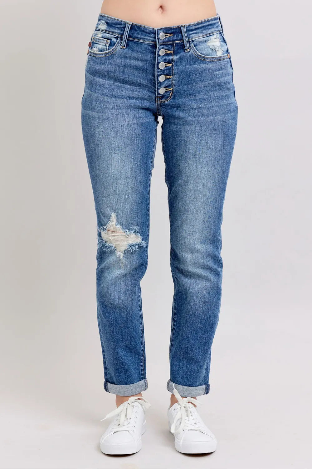 Judy Blue Full Size Button Fly Distressed Jeans with Pockets Plus Size - Fashorio