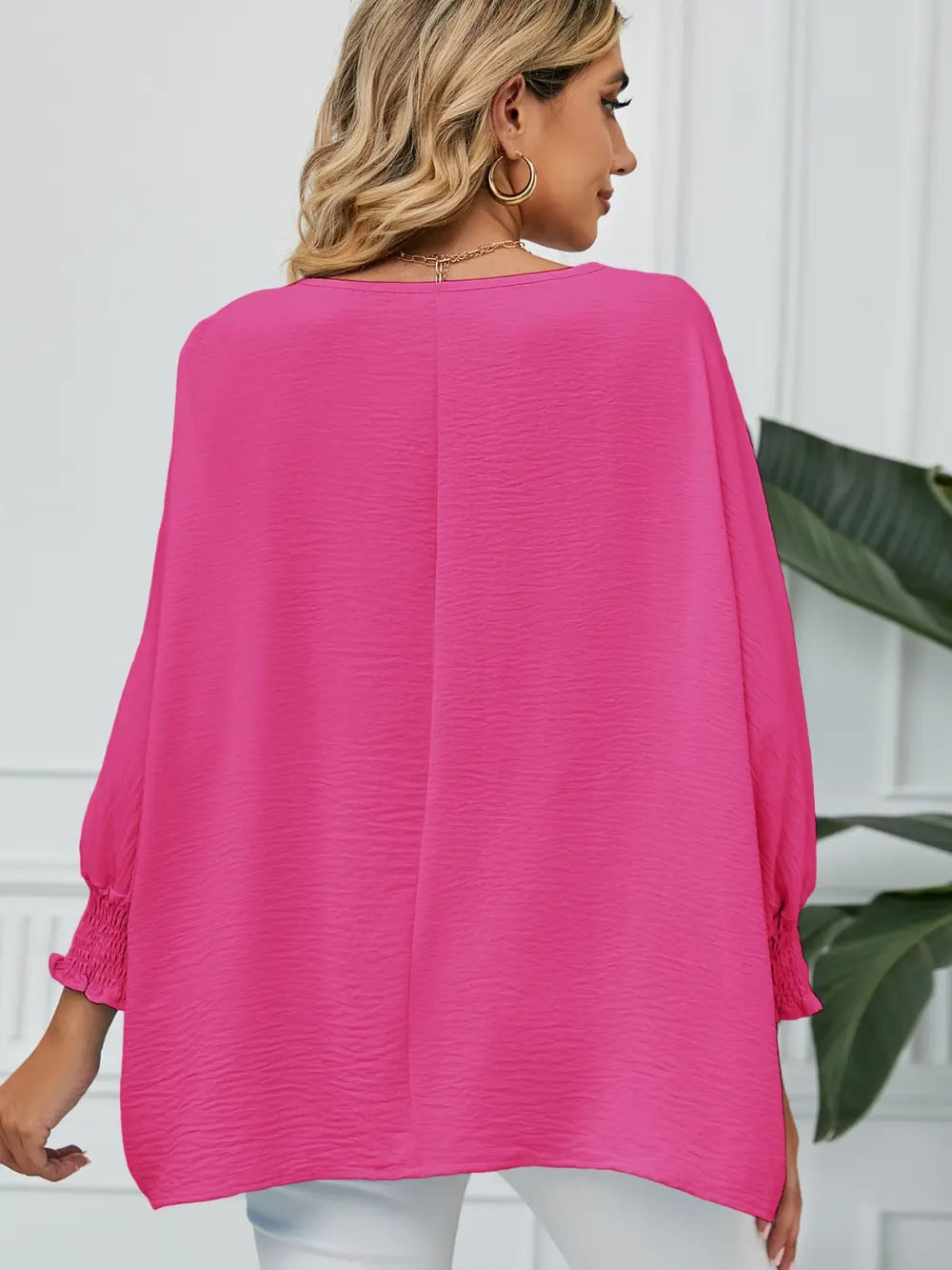 Smocked Lantern Sleeve Round Neck Blouse - Fashorio