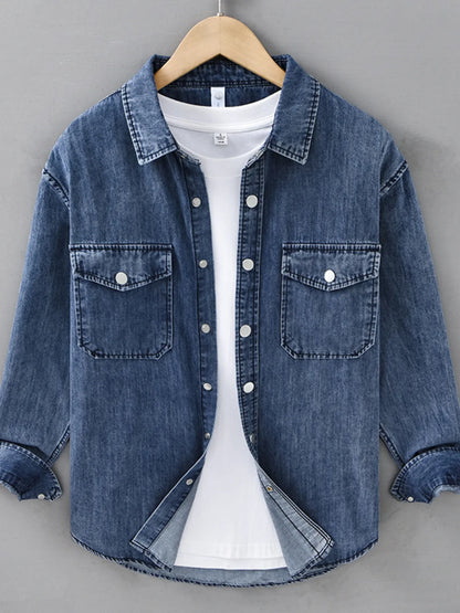 Men's Plus Size Button Up Long Sleeve Denim Shirt Dark Blue - Fashorio