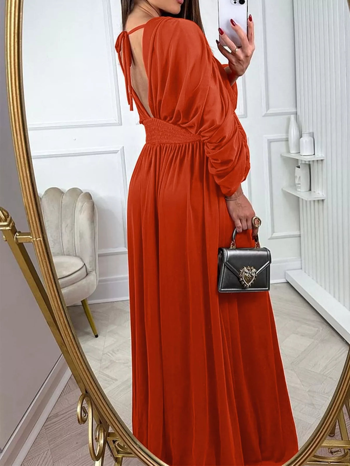 Orange red maxi dress ruched sleeve detail